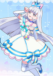 Rule 34 | 1girl, arm warmers, blue background, blue choker, blue eyes, blue footwear, blue hairband, blue headwear, blush, bow, bow legwear, brooch, choker, collarbone, cowboy shot, crown, cure nyammy, dress, dress bow, earrings, hairband, hat, hat bow, heart, heart background, heart brooch, high heels, highres, hime cut, jewelry, long hair, looking at viewer, magical girl, mini crown, multicolored bow, neck ribbon, nekoyashiki yuki, paw pose, paw print, paw print background, pink bow, pouch, precure, ribbon, shoes, short dress, solo, standing, standing on one leg, striped bow, thighhighs, tiler (tiler00), tongue, tongue out, white dress, white hair, white thighhighs, wonderful precure!