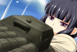 Rule 34 | 10s, 1girl, aiming, aiming at viewer, black hair, blue sky, blunt bangs, blurry, day, depth of field, gradient background, grey eyes, kantai collection, kitakami (kancolle), long hair, machinery, nishi koutarou, remodel (kantai collection), sidelocks, sky, solo, upper body