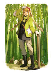 Rule 34 | 1girl, bamboo, black footwear, black shirt, boots, braid, brown eyes, brown hair, commentary, commentary request, day, english commentary, falling leaves, full body, gloves, green jacket, green scarf, grey pants, hairband, holding, jacket, leaf, long hair, long sleeves, looking at viewer, mixed-language commentary, muraicchi (momocchi), open clothes, open jacket, original, pants, red hairband, rubber boots, scarf, shirt, solo, twin braids, white gloves