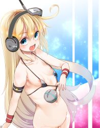 Rule 34 | 1girl, :d, albacore (azur lane), azur lane, bare shoulders, bikini, bikini pull, black bikini, blonde hair, blue eyes, bottomless, breasts, clothes pull, commentary request, fang, groin, hair between eyes, headphones, highres, long hair, looking at viewer, micro bikini, navel, nipples, open mouth, pulled by self, small breasts, smile, solo, star (symbol), star in eye, sweatband, swimsuit, symbol in eye, takara akihito, very long hair, wristband