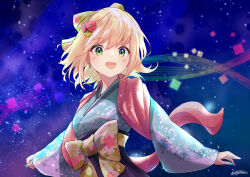 Rule 34 | 1girl, :d, black hakama, blonde hair, blue kimono, blue nails, blush, bow, breasts, commentary request, earrings, floral print, flower, green bow, green eyes, hair between eyes, hair bow, hair flower, hair ornament, hakama, highres, hilamaru, japanese clothes, jewelry, kimono, long sleeves, looking at viewer, medium breasts, nail polish, night, night sky, open mouth, original, print bow, red flower, signature, sky, sleeves past wrists, smile, solo, star (sky), starry sky, teeth, upper teeth only, wide sleeves, yellow flower