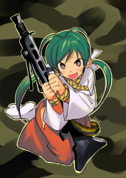 Rule 34 | 1girl, green hair, gun, japanese clothes, machine gun, mg42, miko, open mouth, original, smile, solo, tabi, watarai keiji, weapon