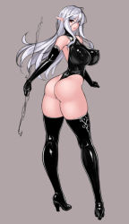 Rule 34 | 1girl, ass, bare shoulders, boots, breasts, covered erect nipples, elbow gloves, gloves, high heels, impossible clothes, impossible leotard, large breasts, leotard, looking at viewer, original, pointy ears, red eyes, rindou (radical dream), shiny clothes, simple background, skin tight, solo, thigh boots, thighhighs, thong leotard, white hair
