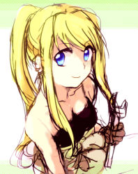 Rule 34 | 1girl, bare shoulders, black tube top, blonde hair, blue eyes, earrings, female focus, fullmetal alchemist, gloves, green background, jewelry, long hair, looking at viewer, lowres, ponytail, simple background, smile, solo, strapless, tsukuda0310, tube top, two-tone background, white background, winry rockbell, wrench