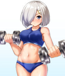 Rule 34 | alternate costume, blue eyes, blush, bra, breasts, closed mouth, dumbbell, gradient background, hair ornament, hair over one eye, hairclip, hamakaze (kancolle), highres, kantai collection, large breasts, navel, short hair, silver hair, solo, sports bra, sportswear, sweatdrop, underwear, zanntetu