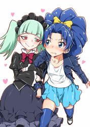 Rule 34 | 2girls, biburi (precure), black dress, blue eyes, blue hair, blue jacket, blue skirt, blue thighhighs, blush, bow, commentary request, dress, fang, green hair, hair bow, hair ornament, happy, heart, jacket, kirakira precure a la mode, leather, leather jacket, long hair, looking at another, multiple girls, ponytail, precure, red eyes, shirt, shoes, simple background, skirt, smile, tategami aoi, thighhighs, thighs, twintails, white background, white shirt, yellow bow, yuri, yuto (dialique)