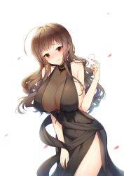 Rule 34 | 1girl, ahoge, armlet, bad id, bad twitter id, black dress, blunt bangs, blush, breasts, brown hair, casual, choker, cleavage, closed mouth, cup, dress, drinking glass, dsr-50 (girls&#039; frontline), dsr-50 (highest bid) (girls&#039; frontline), earrings, gem, girls&#039; frontline, hair ornament, holding, holding cup, holding drinking glass, jewelry, large breasts, leaning forward, long hair, looking at viewer, official alternate costume, pendant, petals, red eyes, red gemstone, side slit, sideboob, sidelocks, simple background, smile, solo, thighs, tp (kido 94), very long hair, wavy hair, white background