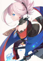 Rule 34 | 1girl, bare shoulders, blue eyes, breasts, closed mouth, commentary, dual wielding, earrings, fate/grand order, fate (series), fire, fire, hair ornament, highres, holding, holding sword, holding weapon, japanese clothes, jewelry, kimono, large breasts, looking at viewer, miyamoto musashi (fate), miyamoto musashi (third ascension) (fate), off shoulder, pink hair, ponytail, profile, sheath, smile, solo, sword, weapon, white background, yunar