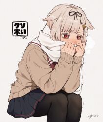 Rule 34 | 1girl, black skirt, blonde hair, blush, cardigan, cold, grey background, hair flaps, hair ornament, hair ribbon, hairclip, highres, kantai collection, long hair, long sleeves, pantyhose, pleated skirt, red eyes, ribbon, scarf, signature, simple background, sitting, skirt, solo, sumoffu, translation request, trembling, white scarf, yuudachi (kancolle), yuudachi kai ni (kancolle)