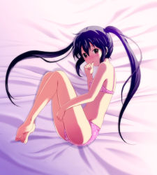 Rule 34 | 1girl, bad feet, bad id, bad pixiv id, barefoot, black hair, blush, bra, feet, fetal position, finger in own mouth, k-on!, lingerie, long hair, lying, nakano azusa, on side, panties, pink bra, pink panties, shian (my lonly life.), solo, twintails, underwear, underwear only