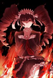 Rule 34 | 1girl, black background, black jacket, black skirt, breasts, celestia ludenberg, closed mouth, danganronpa: trigger happy havoc, danganronpa (series), drill hair, earrings, fire, frilled skirt, frills, highres, jacket, jewelry, large breasts, layered skirt, long sleeves, looking at viewer, momosun (momoa136gg), necktie, open clothes, open jacket, own hands clasped, own hands together, print necktie, red eyes, red necktie, skirt, smile, solo, thighhighs, twin drills, twintails