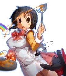 Rule 34 | 1girl, apron, black hair, blurry, cat, cooking, egg, nichijou, rainbow, sakamoto (nichijou), shinonome nano