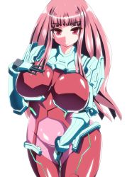 Rule 34 | 00s, 1girl, bodysuit, breasts, female focus, hand on own chest, ini (mocomocccos), ini (xiistrike), ken marinaris, large breasts, long hair, looking at viewer, pilot suit, pink eyes, pink hair, simple background, smile, solo, white background, zone of the enders, zone of the enders 2