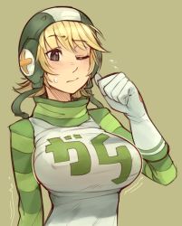 Rule 34 | 1girl, alternate breast size, blonde hair, blue eyes, blush, breasts, character name, clenched hand, closed mouth, clothes writing, covered erect nipples, fellatio gesture, female focus, flying sweatdrops, gloves, green background, green headwear, green sleeves, green theme, gum (jsr), hand up, highres, japanese text, jet set radio, large breasts, looking down, nose blush, one eye closed, raglan sleeves, raised eyebrow, shirt, short hair, simple background, solo, striped clothes, striped shirt, sweat, translated, trembling, upper body, wamudraws, white gloves, white shirt