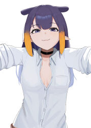 Rule 34 | 1girl, black choker, breast pocket, breasts, choker, closed mouth, collared shirt, highres, hololive, hololive english, ku roiko, long hair, looking at viewer, mole, mole under eye, ninomae ina&#039;nis, partially unbuttoned, pocket, pointy ears, purple eyes, purple hair, shirt, simple background, small breasts, smile, solo, tentacle hair, upper body, virtual youtuber, white background, white shirt
