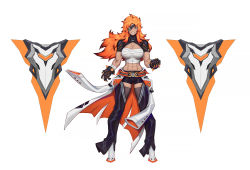 Rule 34 | 1girl, abs, asher (omega strikers), bandages, belt, black gloves, blue eyes, breasts, concept art, full body, gloves, highres, liyart, long hair, looking at viewer, muscular, muscular female, official art, omega strikers, orange hair, sarashi, shield, shorts, simple background, smile, solo, spiked hair, standing, thighhighs, zipper