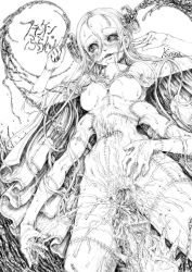 Rule 34 | 1girl, bolt, breasts, cape, creepy, cum, cum in pussy, extra arms, franken fran, gaping, greyscale, horror (theme), katzeh, long hair, macabre, madaraki fran, medium breasts, monochrome, monster girl, naked cape, nipples, nude, scalpel, solo, stitches, sweat, tentacle sex, tentacles, very long hair