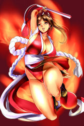 Rule 34 | 1girl, absurdres, arm up, bare legs, breasts, brown eyes, brown hair, cleavage, curvy, fatal fury, fire, hand fan, high ponytail, highleg, highleg leotard, highres, holding, holding fan, huge breasts, japanese clothes, judge (oekaki), jumping, kunoichi, large breasts, leotard, leotard under clothes, long hair, looking at viewer, partially visible vulva, pelvic curtain, ponytail, red background, revealing clothes, rope, shiny skin, shiranui mai, simple background, solo, the king of fighters, thick thighs, thighs, thong leotard, wide hips