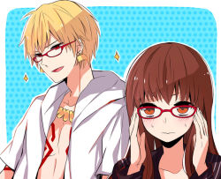 Rule 34 | 10s, 1boy, 1girl, bad id, bad pixiv id, bespectacled, blonde hair, brown eyes, brown hair, fate/extra, fate/extra ccc, fate (series), gilgamesh (fate), glasses, hood, hoodie, kishinami hakuno (female), long hair, necktie, official alternate costume, red-framed eyewear, red eyes, sparkle, tattoo, umiusi