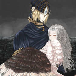 Rule 34 | 2girls, aged down, blonde hair, carrying, dark souls (series), dark souls i, dress, feathers, from software, hand on own chest, horns, jewelry, kongou kitai, long hair, looking at viewer, lord&#039;s blade ciaran, mask, multiple girls, necklace, pale skin, princess carry, priscilla the crossbreed, scythe, simple background, sitting, tail, white hair