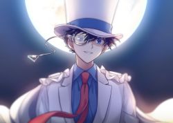 Rule 34 | 1boy, akiyoshi (tama-pete), blue eyes, blue shirt, blurry, brown hair, cape, commentary, depth of field, dress shirt, formal, full moon, grin, hair between eyes, hat, jacket, kaitou kid, magic kaito, male focus, meitantei conan, monocle, monocle chain, moon, necktie, night, night sky, outdoors, parted lips, red necktie, shirt, short hair, sky, smile, solo, suit, top hat, upper body, white cape, white jacket, white suit