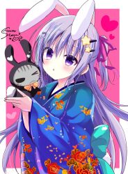 Rule 34 | 1girl, :o, animal, animal costume, animal ears, blue kimono, blush, cat, chinese zodiac, commentary request, floral print, hair between eyes, hair ornament, hair ribbon, hairclip, heart, highres, holding, holding animal, japanese clothes, kimono, long hair, long sleeves, original, parted lips, pink background, ponytail, print kimono, purple eyes, purple hair, purple ribbon, rabbit costume, rabbit ears, ribbon, shiwasu horio, signature, solo, star (symbol), star hair ornament, two-tone background, very long hair, white background, wide sleeves, year of the rabbit