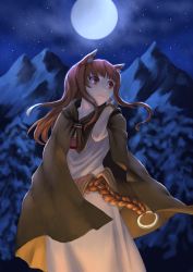 Rule 34 | 1girl, absurdres, animal ear fluff, animal ears, brown cape, brown hair, cape, collarbone, day, dress, floating hair, full moon, grey dress, highres, holo, hood, hood down, hooded, long dress, long hair, looking to the side, moon, outdoors, red eyes, sky, solo, spice and wolf, standing, star (sky), starry sky, wolf ears, youzi (small shabao)