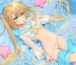 Rule 34 | 1girl, ahoge, aqua eyes, blonde hair, blue bow, blue nails, blue sailor collar, blue skirt, bow, bow panties, braid, clothes pull, commentary request, food, groin, hair between eyes, hair bow, hair ornament, hairclip, hand up, heart, heart hair ornament, highres, holding, holding food, ice cream, long hair, lying, nail polish, navel, neckerchief, omelet tomato, on back, original, panties, panty pull, pulling own clothes, sailor collar, see-through, shirt, side-tie panties, single hair intake, skirt, skirt pull, solo, striped, striped bow, twintails, underwear, very long hair, white panties, white shirt, yellow neckerchief