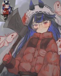 Rule 34 | 1girl, absurdres, animal ears, axe, black hair, blue hair, blush, bug, butterfly, coat, glasses, gloves, grey background, hairband, highres, holding, holding axe, insect, krau rr, livly island, long hair, long sleeves, looking at viewer, multicolored hair, pink butterfly, red coat, red eyes, red gloves, simple background, solo, streaked hair, two-tone hair, upper body, white hairband, winter clothes, winter coat
