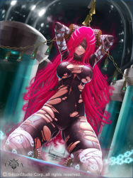 Rule 34 | 1girl, arms behind head, arms up, bandages, bdsm, blindfold, bodysuit, bondage, bound, bound arms, breasts, copyright name, gyakushuu no fantasica, kneeling, long hair, pink hair, solo, stealthmaria, torn clothes, very long hair