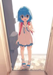 Rule 34 | 1girl, :d, absurdres, aoi tori, backpack, bag, bare arms, bare shoulders, blue eyes, blue footwear, blue hair, blurry, blurry foreground, blush, commentary request, depth of field, dress, fang, hair between eyes, hand up, highres, holding strap, hood, hood down, hooded dress, looking at viewer, open door, open mouth, original, sandals, sleeveless, sleeveless dress, smile, solo, standing, teru-chan (aoi tori), white background, white dress