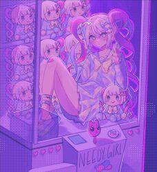 Rule 34 | 1girl, arcade stick, blonde hair, blue bow, blue eyes, blue hair, blue serafuku, blue shirt, blue skirt, bow, character doll, chouzetsusaikawa tenshi-chan, closed mouth, collaboration, commentary, controller, crane game, english commentary, full body, game controller, hair bow, hand on glass, highres, in crane game, joystick, knees up, long hair, long sleeves, looking at viewer, mocca (nii5os), multicolored hair, needy girl overdose, pien cat (needy girl overdose), pink bow, pink hair, pleated skirt, purple bow, quad tails, school uniform, serafuku, sere ( h11r agi), shirt, sitting, skirt, solo