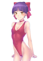 Rule 34 | 1girl, bow, breasts, choker, contrapposto, cowboy shot, gegege no kitarou, hai (h81908190), hair bow, highleg, highleg swimsuit, looking at viewer, nekomusume, nekomusume (gegege no kitarou 6), one-piece swimsuit, pointy ears, purple hair, red bow, red choker, red one-piece swimsuit, short hair, simple background, small breasts, smile, solo, standing, swimsuit, white background, yellow eyes