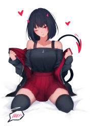 Rule 34 | 1girl, ;), absurdres, bare shoulders, black hair, black shirt, black thighhighs, closed mouth, collarbone, demon tail, halo, heart, highres, horns, long sleeves, looking at viewer, medium hair, off shoulder, one eye closed, original, pleated skirt, red eyes, red skirt, shimmer, shirt, shirt tucked in, sitting, skirt, smile, solo, spoken blush, tail, thighhighs, undressing, wariza, white background, zettai ryouiki