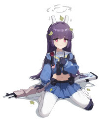 Rule 34 | 1girl, absurdres, animal ears, belt, black gloves, black hair, blue archive, blue shirt, blue skirt, blush, bolt action, commentary request, fake animal ears, ferret, gloves, gun, hairband, highres, holding, holding gun, holding weapon, knee pads, leaf, leaf on head, long hair, looking at viewer, miniskirt, miyu (blue archive), mizuha (251572640), mosin-nagant, on head, open mouth, pantyhose, pouch, raised eyebrows, red eyes, rifle, sailor collar, shirt, shoes, single knee pad, sitting, skirt, sneakers, sniper rifle, solo, wariza, weapon, white background, white footwear, white pantyhose