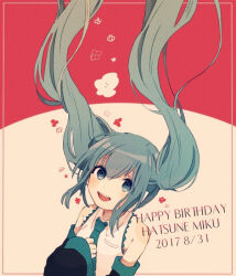 Rule 34 | 1girl, blue eyes, blue hair, blush, collared shirt, dated, detached sleeves, floating hair, hand on own chest, happy birthday, hatsune miku, long hair, long sleeves, looking at viewer, necktie, open mouth, ponponzutea, shirt, sleeveless, sleeveless shirt, sleeves past wrists, smile, solo, twintails, very long hair, vocaloid