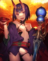 Rule 34 | 1girl, alcohol, breasts, cowboy shot, cup, fangs, fate/grand order, fate (series), gourd, headpiece, highres, horns, japanese clothes, kimono, looking at viewer, off shoulder, oni, open clothes, open kimono, open mouth, purple eyes, purple hair, purple kimono, revealing clothes, sakazuki, short eyebrows, short hair, short kimono, shuten douji (fate), skin-covered horns, small breasts, smile, solo, sword, weapon, yatatashira