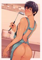 Rule 34 | 1boy, absurdres, apron, ass, back, black hair, blush, cooking, cooking pot, cowboy shot, dutch angle, from behind, frown, green apron, hair between eyes, hand up, highres, holding, holding ladle, indoors, iriyakakeru, kitchen, ladle, looking at viewer, looking back, male focus, naked apron, nipples, orange eyes, original, outside border, short hair, solo, stove