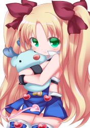 Rule 34 | astarotte ygvar, bare shoulders, blonde hair, blush, bow, child, green eyes, hair bow, hug, long hair, lotte no omocha!, popped collar, stuffed animal, stuffed toy, tail, twintails