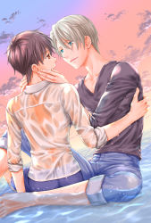 Rule 34 | 2boys, black hair, blue eyes, brown eyes, cloud, cloudy sky, collared shirt, denim, eye contact, fujioka (fujioka pandora), hand on another&#039;s face, highres, jeans, katsuki yuuri, looking at another, male focus, multiple boys, pants, partially submerged, shirt, silver hair, sitting, sky, sleeves rolled up, smile, sunset, viktor nikiforov, water, wet, wet clothes, yaoi, yuri!!! on ice