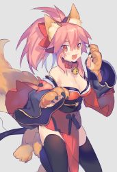 Rule 34 | 1girl, animal ears, bad id, bad pixiv id, bell, neck bell, breasts, cleavage, collar, fate/grand order, fate (series), fox ears, fox tail, grey background, hair ribbon, heiwa (murasiho), japanese clothes, large breasts, long hair, looking at viewer, open mouth, pink hair, ribbon, simple background, solo, tail, tamamo (fate), tamamo cat (fate), tamamo no mae (fate/extra), thighhighs, yellow eyes