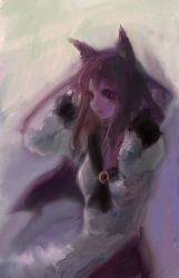 Rule 34 | 1girl, animal ears, brooch, brown hair, dress, expressionless, eyelashes, faux traditional media, frilled sleeves, frills, hiepita (1014), highres, imaizumi kagerou, jewelry, long hair, long sleeves, monster girl, red eyes, solo, touhou, werewolf, wolf ears