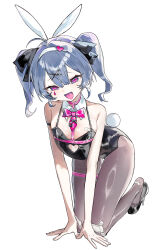Rule 34 | 1girl, absurdres, all fours, animal ears, bandaid, bare shoulders, blue eyes, blue hair, bow, bowtie, detached collar, fake animal ears, full body, hair ornament, hairclip, hatsune miku, heart, heart-shaped pupils, high heels, highres, leotard, looking at viewer, open mouth, pantyhose, playboy bunny, rabbit ears, rabbit hole (vocaloid), rabbit tail, seeshin see, short twintails, simple background, solo, symbol-shaped pupils, tail, thigh strap, twintails, vocaloid, white background, x hair ornament