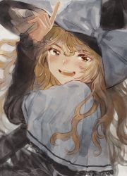 Rule 34 | 1girl, :d, blonde hair, blush, capelet, hat, kayako (tdxxxk), kirisame marisa, long hair, long sleeves, looking at viewer, open mouth, smile, solo, touhou, v-shaped eyebrows, wavy hair, witch hat, yellow eyes