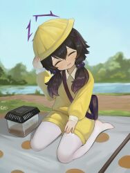 Rule 34 | 1girl, ^ ^, arm up, bag, black hair, blue archive, blue sky, blush, closed eyes, collared shirt, day, dokomon, facing viewer, hair between eyes, hair bobbles, hair ornament, halo, hand on headwear, haruka (blue archive), hat, head tilt, highres, long hair, long sleeves, low twintails, no shoes, outdoors, pantyhose, pantyhose under shorts, puffy long sleeves, puffy sleeves, rabbit hair ornament, river, school hat, shirt, shorts, shoulder bag, sitting, sky, smile, solo, twintails, wariza, water, white pantyhose, yellow hat, yellow shirt, yellow shorts