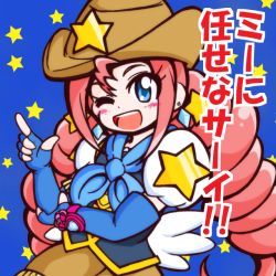 Rule 34 | 10s, 1girl, ;d, blue background, blue eyes, blush, brown skirt, cowboy hat, drill hair, freckles, gloves, guardias, happinesscharge precure!, hat, long hair, magical girl, one eye closed, open mouth, pointing, precure, puffy short sleeves, puffy sleeves, red hair, red haired cure (bomber girls precure) (happinesscharge precure!), scarf, short sleeves, skirt, smile, solo, star (symbol), twin drills, twintails, wink