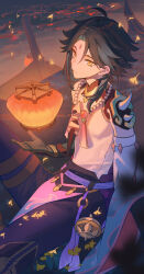 Rule 34 | 1boy, annshiro76, armor, black gloves, black hair, closed mouth, detached sleeves, genshin impact, gloves, hair between eyes, highres, jewelry, lantern, male focus, necklace, night, outdoors, pants, paper lantern, purple pants, short hair, shoulder armor, shoulder spikes, slit pupils, solo, spikes, white sleeves, xiao (genshin impact), yellow eyes