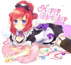 Rule 34 | 1girl, absurdres, alternate costume, alternate hairstyle, apron, birthday, black bow, black bra, black dress, black ribbon, black thighhighs, blush, bow, bowtie, bra, breasts, cleavage, cushion, detached sleeves, dress, enmaided, frilled dress, frills, fur trim, garter straps, gem, hair bow, highres, kakizato, lace trim, large breasts, looking at viewer, love live!, love live! school idol project, lying, maid, mogyutto &quot;love&quot; de sekkin chuu!, nishikino maki, ponytail, puffy short sleeves, puffy sleeves, purple bow, purple bowtie, purple eyes, red hair, ribbon, short dress, short sleeves, solo, swept bangs, thighhighs, underwear, wrist cuffs