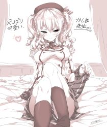 Rule 34 | 1girl, absurdres, bed, breasts, buttons, clothes lift, commentary request, cowboy shot, epaulettes, highres, jacket, kantai collection, kashima (kancolle), kneehighs, kugimiya atsuki, lifted by self, long sleeves, medium breasts, military, military jacket, military uniform, miniskirt, monochrome, neckerchief, no shoes, pillow, pleated skirt, sepia, sidelocks, sitting, skirt, skirt lift, socks, solo, translation request, tsurime, twintails, uniform, wavy hair, white jacket, window