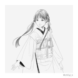 Rule 34 | 1girl, arms at sides, blunt ends, braid, chifuji k, closed mouth, cowboy shot, greyscale, hair over shoulder, japanese clothes, kimono, long sleeves, looking away, monochrome, obi, original, sash, simple background, skirt hold, smile, solo, twin braids, twintails, twitter username